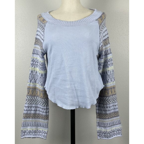 Free People Womens Fair Isle Knit Sweater With Bell Sleeves Lt Blue Size Medium - Picture 1 of 14